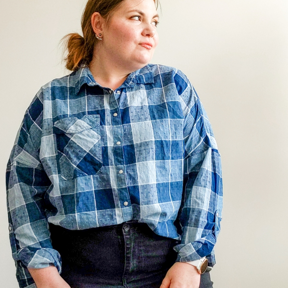 CATO Chambray Buffalo Check Button Down Top 18/20